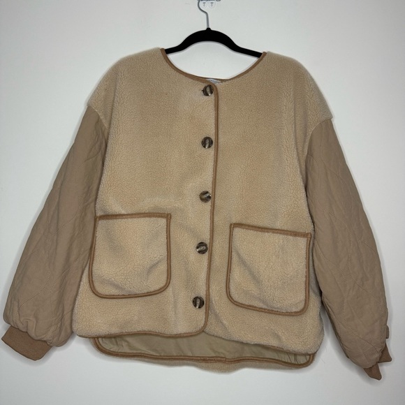 ANTHRO PAPER CRANE Jenea Cozy Neutral Quilted Sleeve Boxy Fall Teddy Jacket - Picture 2 of 7